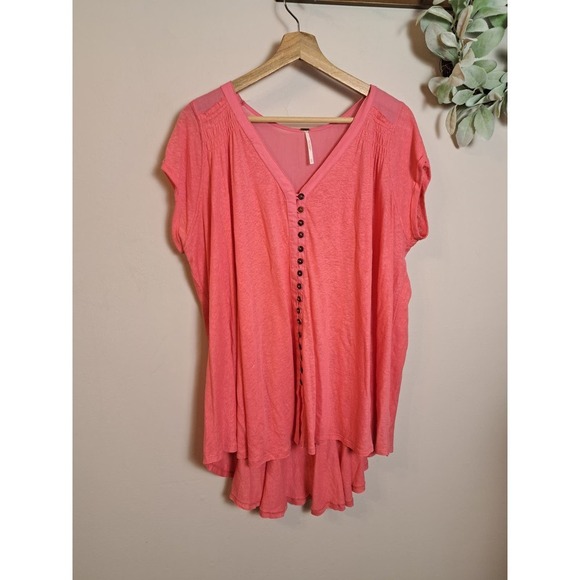 Free People Highland Linen Blend Summer Tee Top Pink Oversized Size XS - Picture 2 of 7